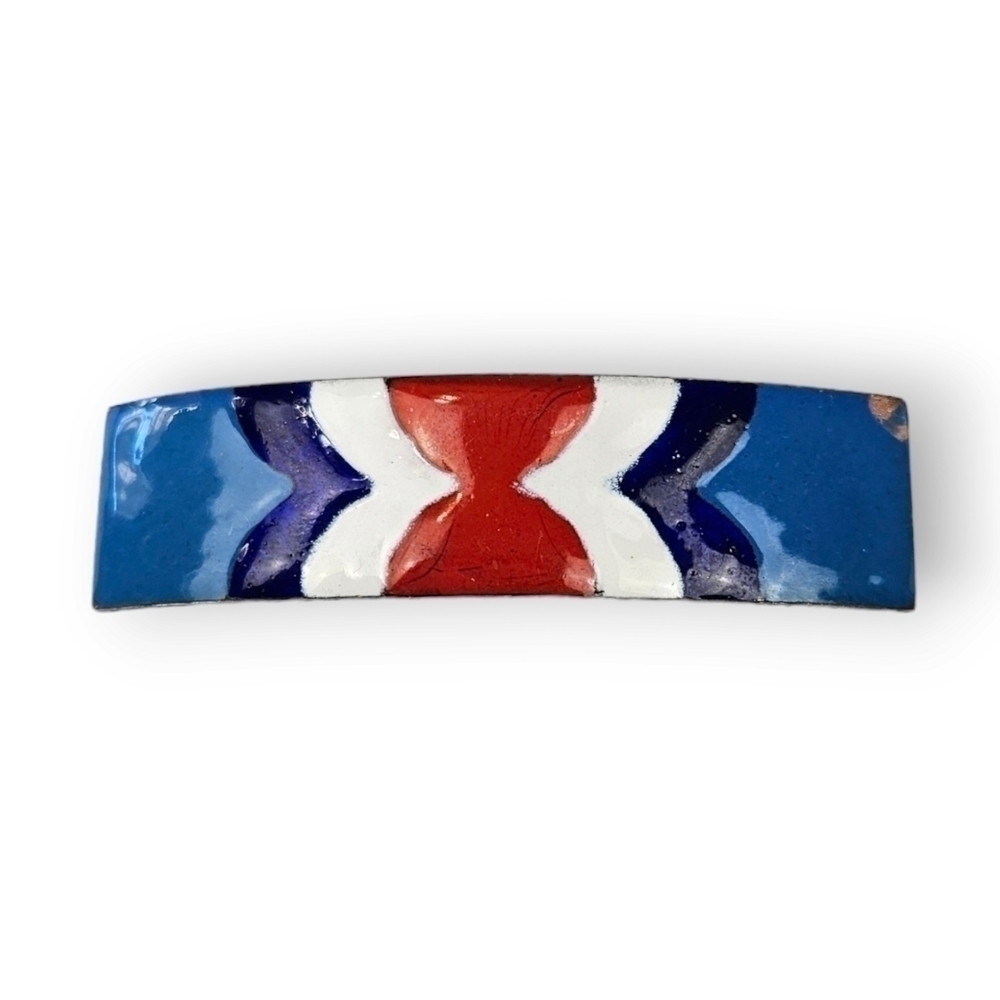 Vintage Southwestern Hair Barrette Clip Enamel Copper Blue Red White Geometric